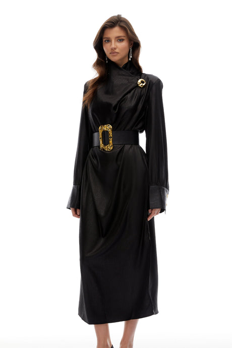 Kaitlyn Black Belted Textured Leather Coat