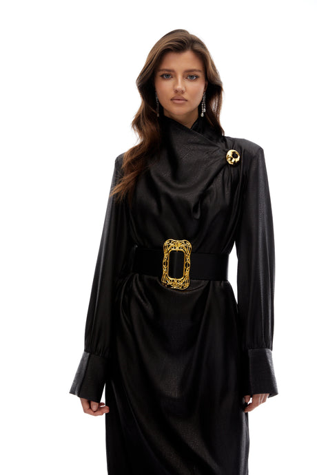 Kaitlyn Black Belted Textured Leather Coat