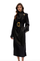 Frederica Black Belted Textured Leather Coat