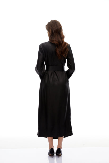 Kaitlyn Black Belted Textured Leather Coat