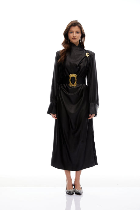 Kaitlyn Black Belted Textured Leather Coat
