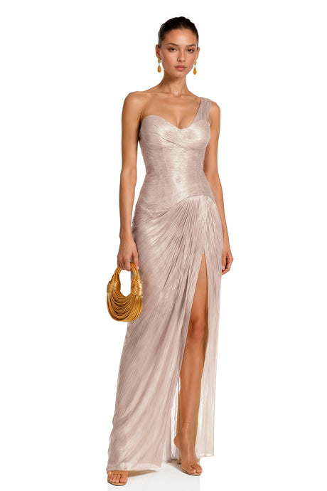 Bianchina Maxi Dress Champagne One Shoulder Pleated