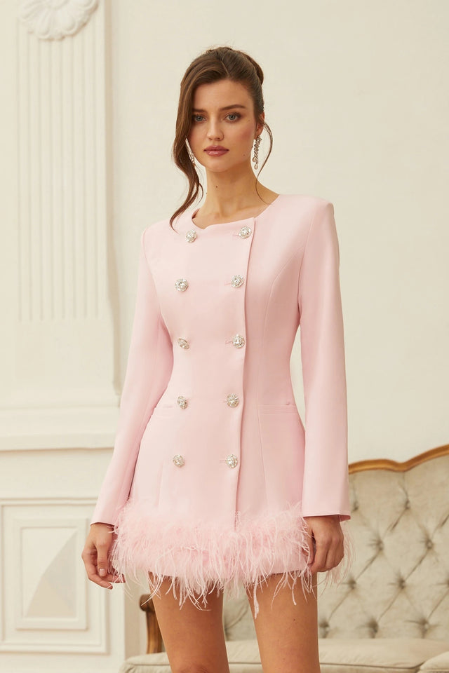 Freja Pink Feather Trim Mini Blazer Dress