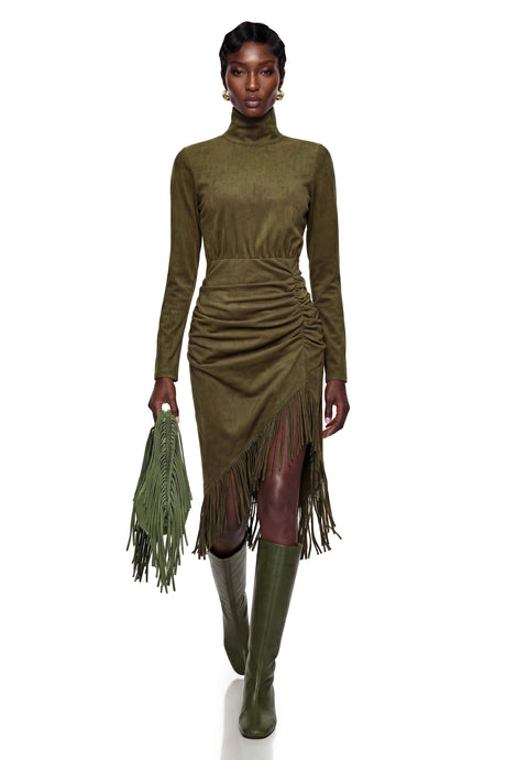 Ember Midi Dress Green High Neck with Fringe