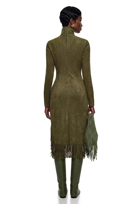 Ember Midi Dress Green High Neck with Fringe