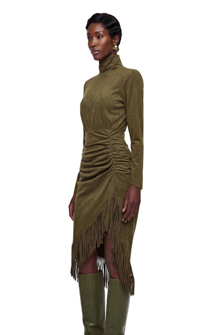 Ember Midi Dress Green High Neck with Fringe