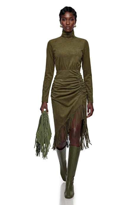 Ember Midi Dress Green High Neck with Fringe