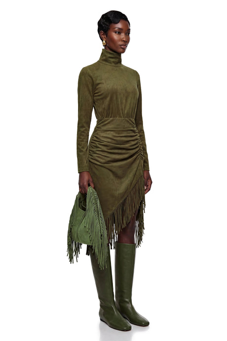 Ember Midi Dress Green High Neck with Fringe
