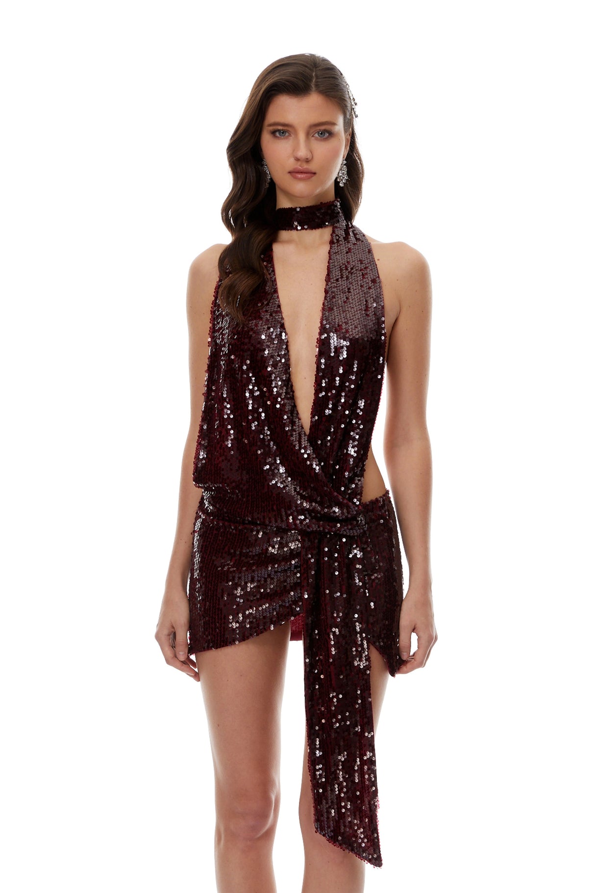 Frida Burgundy Deep VNeck Sequin Mini Dress