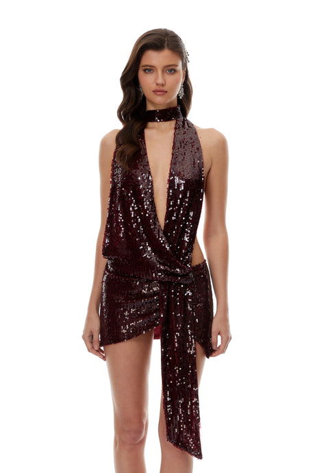 Adrianna Mini Dress Burgundy Deep V-Neck Sequin