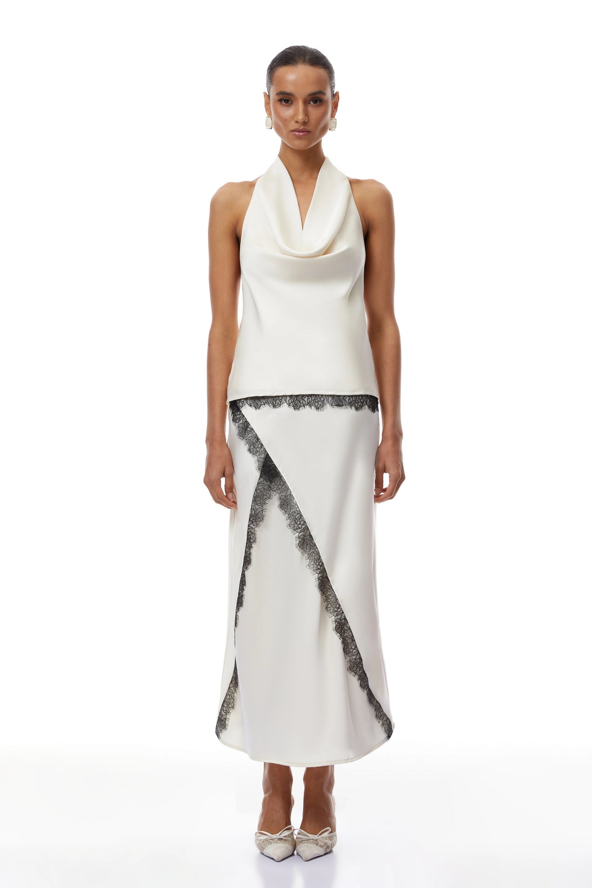 Frida White Satin Coord Set with Lace Trim