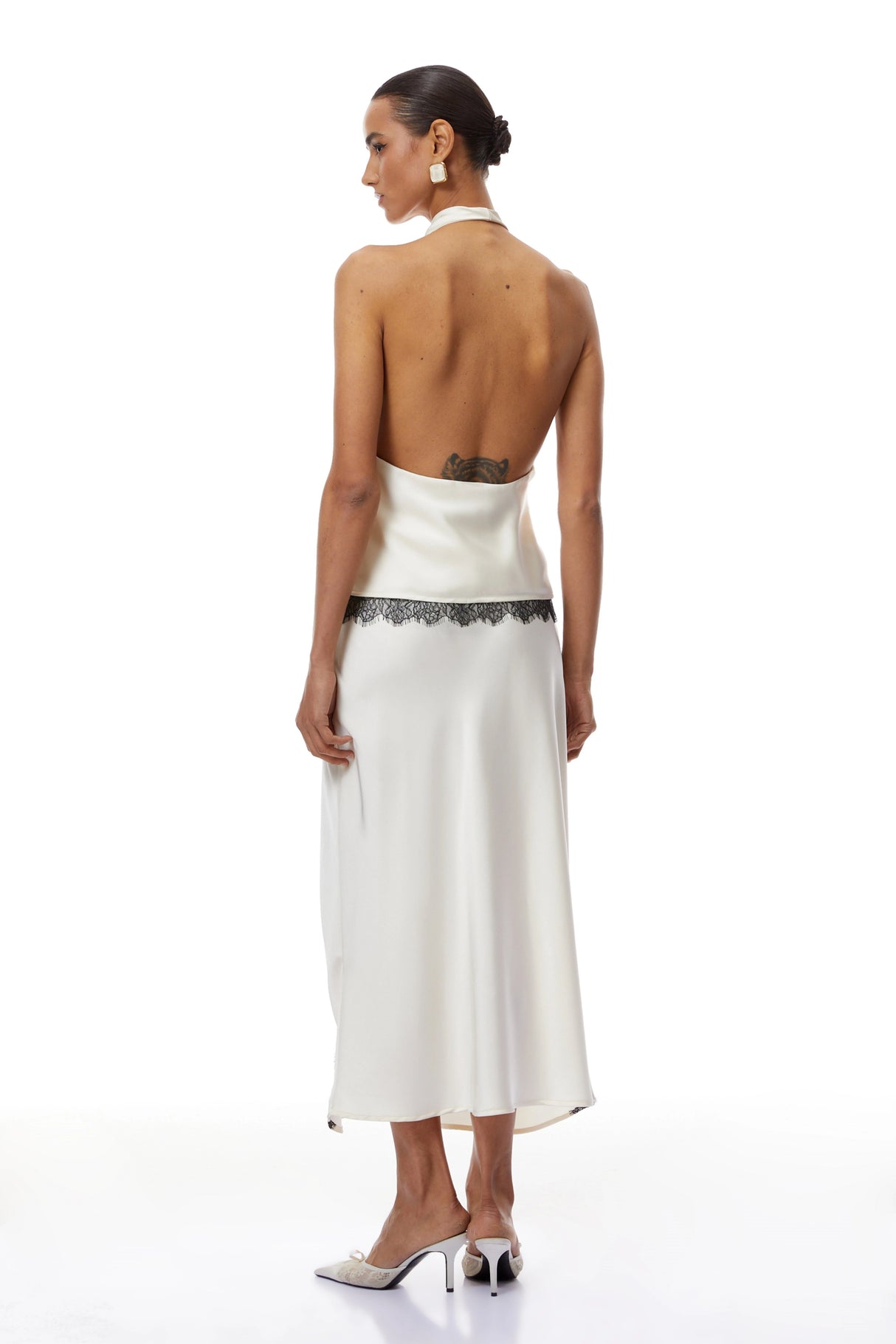 Frida White Satin Coord Set with Lace Trim