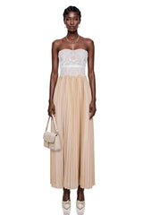 Frigg Champagne Floral Lace Pleated Maxi Dress