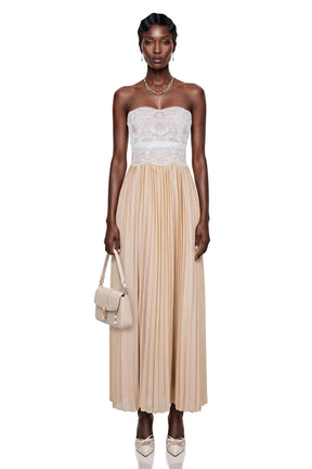 Frigg Champagne Floral Lace Pleated Maxi Dress