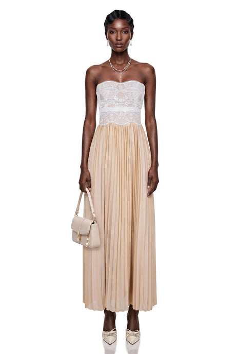 Madalynn Maxi Dress Champagne Floral Lace Pleated