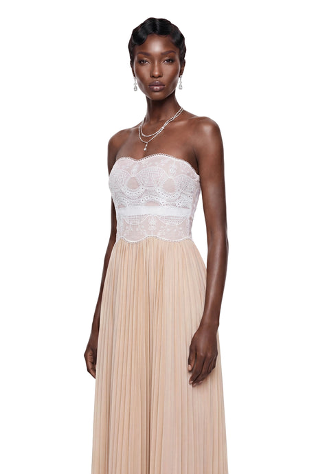 Madalynn Maxi Dress Champagne Floral Lace Pleated