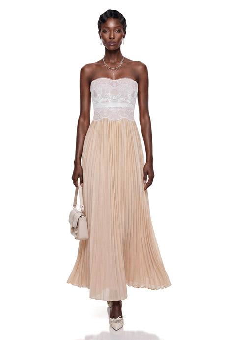 Madalynn Maxi Dress Champagne Floral Lace Pleated