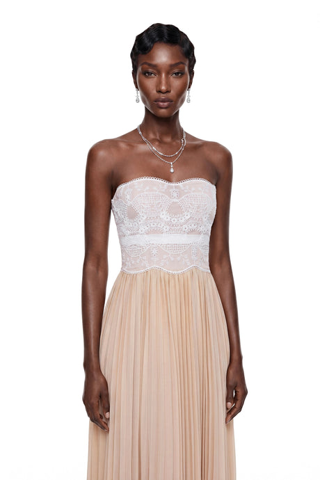 Madalynn Maxi Dress Champagne Floral Lace Pleated