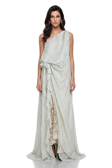 Gaetana Maxi Dress Green Ruffled with Lace Panels