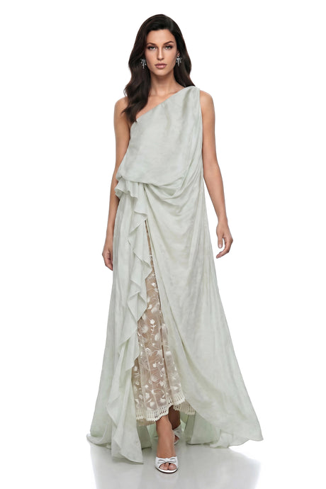 Gaetana Maxi Dress Green Ruffled with Lace Panels