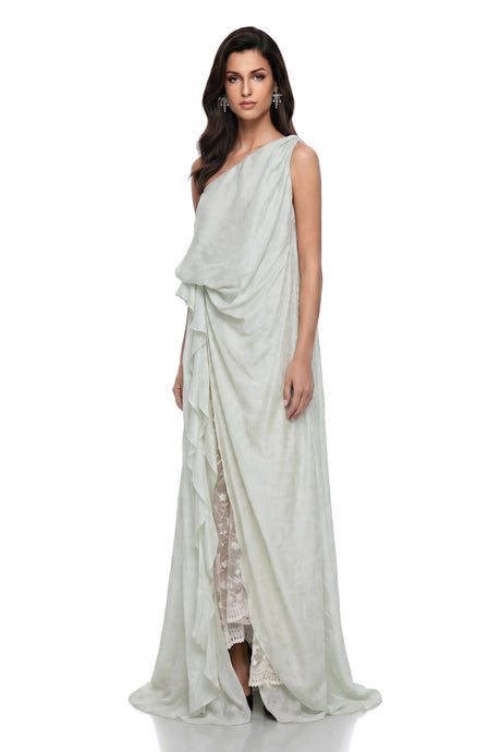 Gaetana Maxi Dress Green Ruffled with Lace Panels