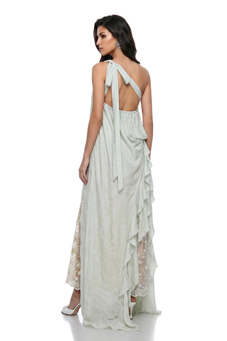 Gaetana Maxi Dress Green Ruffled with Lace Panels