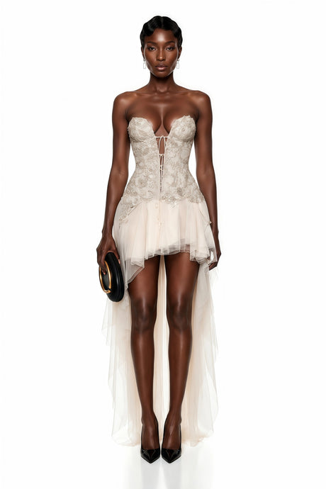 Meredith Maxi Dress Champagne Off Shoulder Embellished Tulle