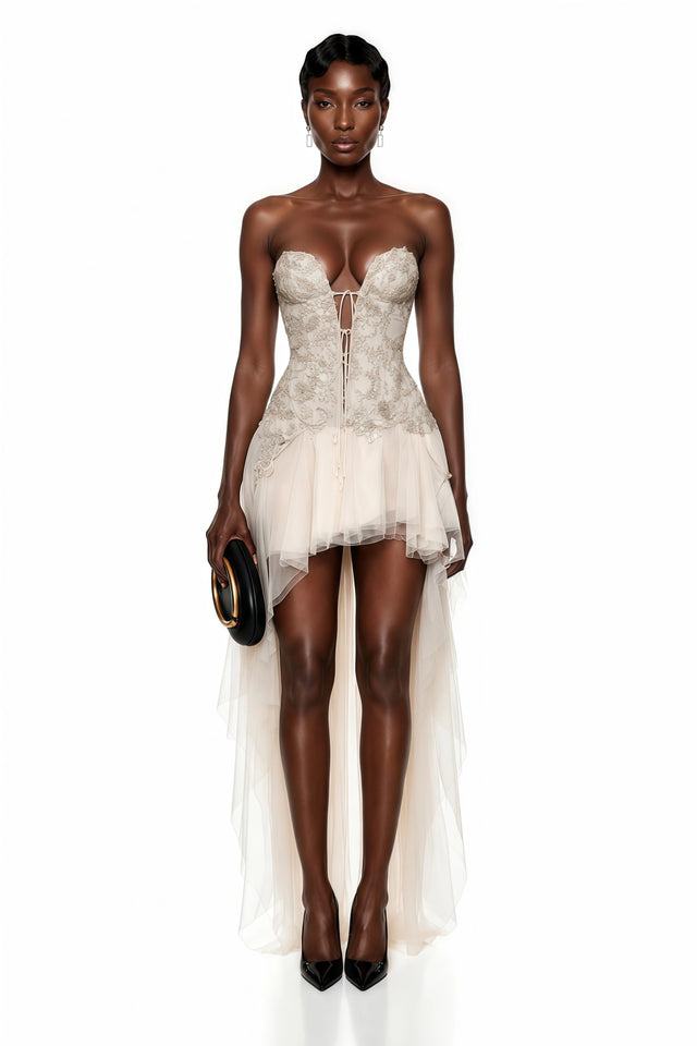 Fury Champagne Off Shoulder Embellished Tulle Maxi Dress