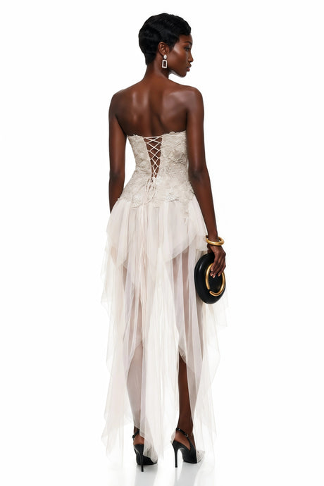 Meredith Maxi Dress Champagne Off Shoulder Embellished Tulle