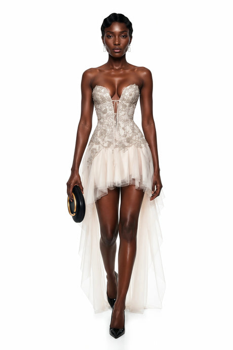Meredith Maxi Dress Champagne Off Shoulder Embellished Tulle