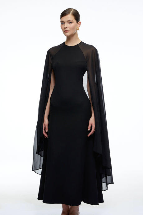 Jelena Maxi Dress Black Solid Color with Cape