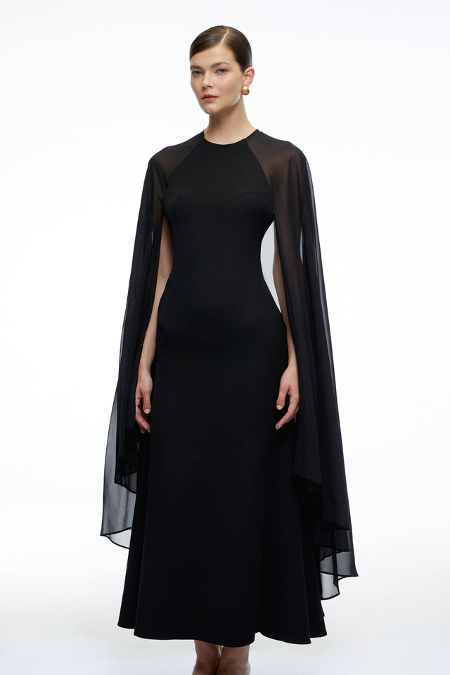 Gabriela Black Solid Color Maxi Dress with Cape