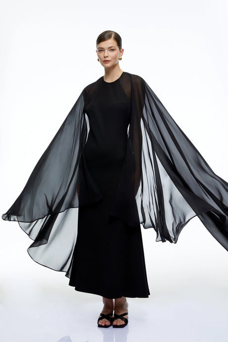 Jelena Maxi Dress Black Solid Color with Cape