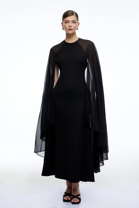 Jelena Maxi Dress Black Solid Color with Cape
