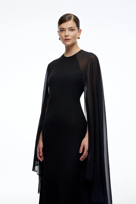 Jelena Maxi Dress Black Solid Color with Cape