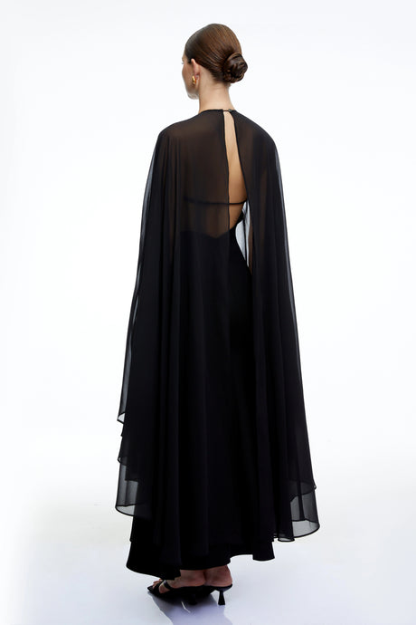 Jelena Maxi Dress Black Solid Color with Cape