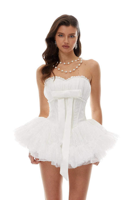 Mikayla Mini Dress White Bow Detail Ruffled