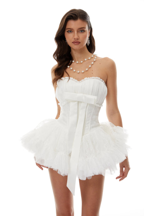 Mikayla Mini Dress White Bow Detail Ruffled