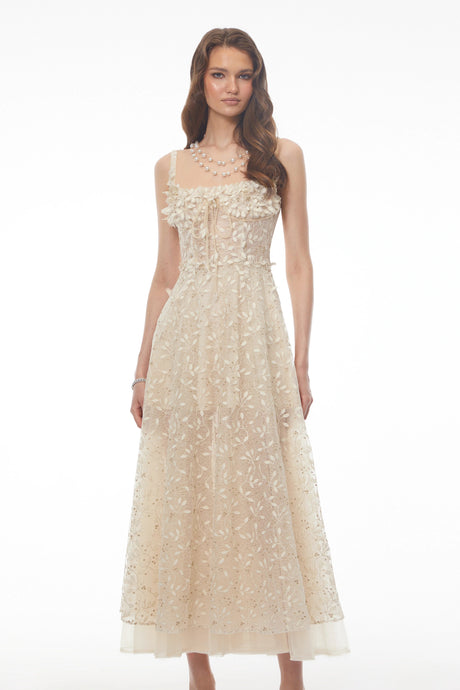 Ambra Maxi Dress Champagne Tulle with 3D Petals