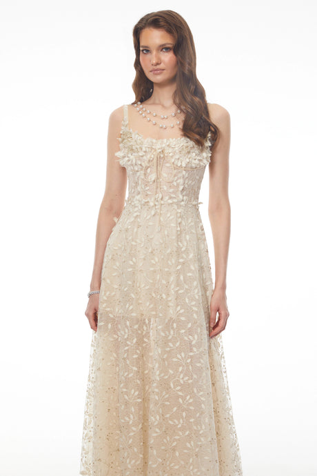 Ambra Maxi Dress Champagne Tulle with 3D Petals