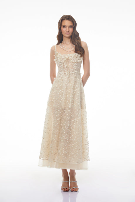 Ambra Maxi Dress Champagne Tulle with 3D Petals
