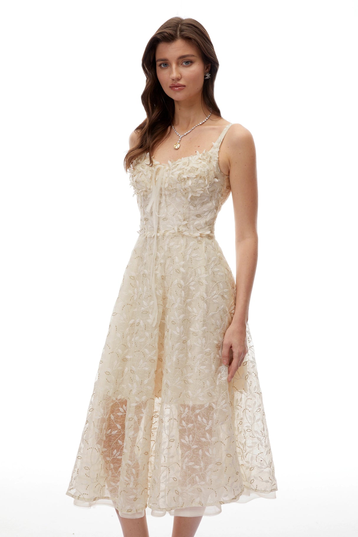 Gabriella Champagne Tulle Maxi Dress with 3D Petals