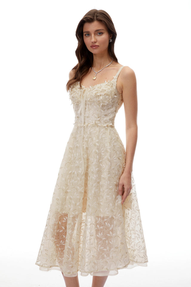 Gabriella Champagne Tulle Maxi Dress with 3D Petals