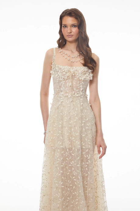 Ambra Maxi Dress Champagne Tulle with 3D Petals