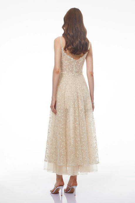 Ambra Maxi Dress Champagne Tulle with 3D Petals