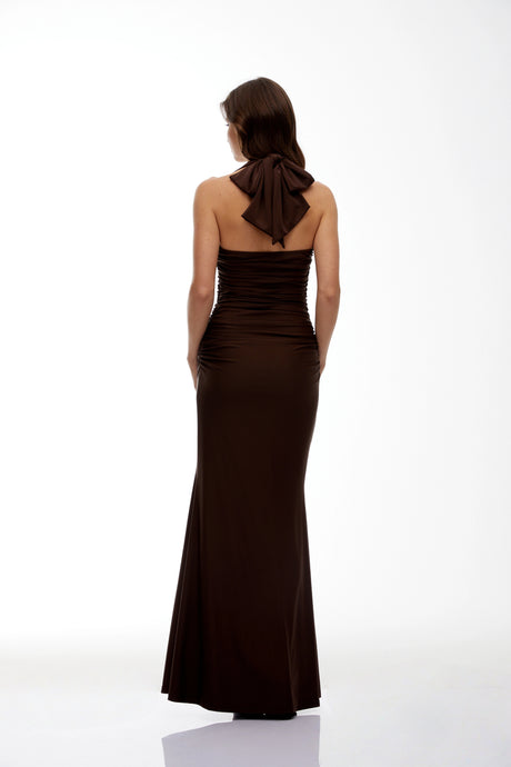 Reagan Maxi Dress Brown Halterneck Ruched