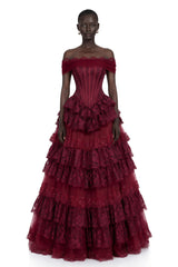 Gabrielle Burgundy Floral Lace Tiered Maxi Dress
