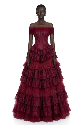 Gabrielle Burgundy Floral Lace Tiered Maxi Dress