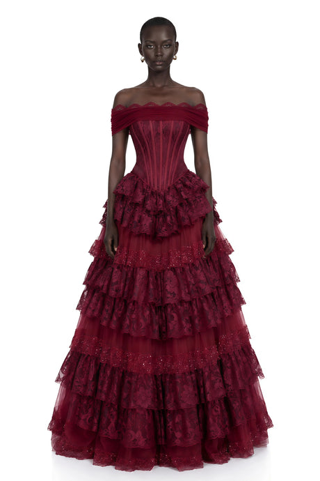 Josephine Maxi Dress Burgundy Floral Lace Tiered