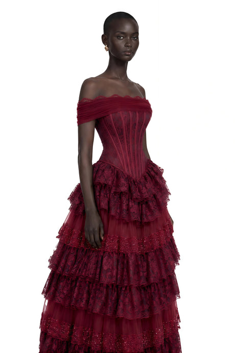 Josephine Maxi Dress Burgundy Floral Lace Tiered